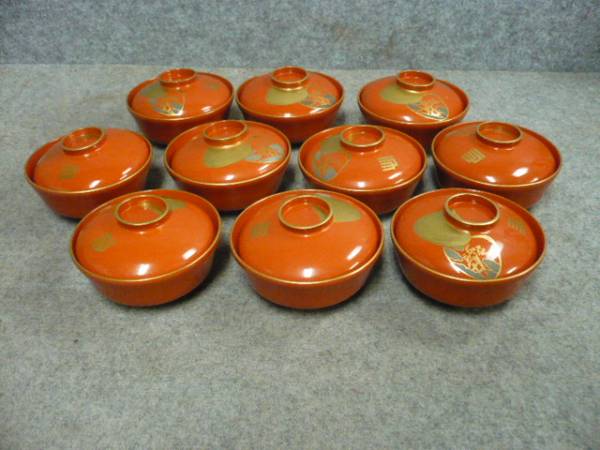 文】17794 輪島朱塗蒔絵吸物椀 10個 漆器骨董古物