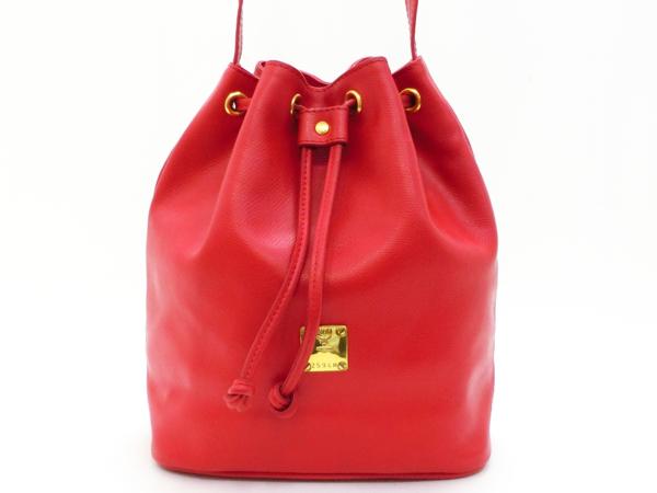 ◆Y4847 MCM 赤 レザー 巾着 ショルダー バッグ レアカラー！！