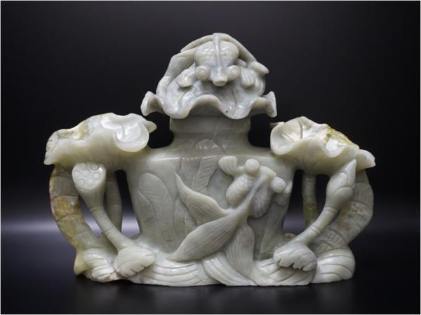 最終値下げ 貴重中国骨董　旧蔵珍品唐物 中国古玉翡翠煙管嘴 希少貴重収蔵品 ☆NA☆中国美術 玉石翡翠 彫刻 蓮葉 金魚 香炉 / 唐物 東洋彫刻 中国