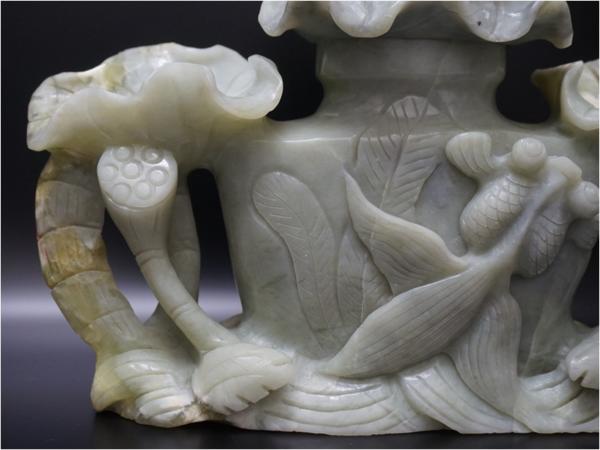 ☆NA☆中国美術 玉石翡翠 彫刻 蓮葉 金魚 香炉 / 唐物 東洋彫刻 中国