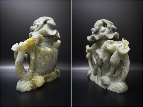 ☆NA☆中国美術 玉石翡翠 彫刻 蓮葉 金魚 香炉 / 唐物 東洋彫刻 中国