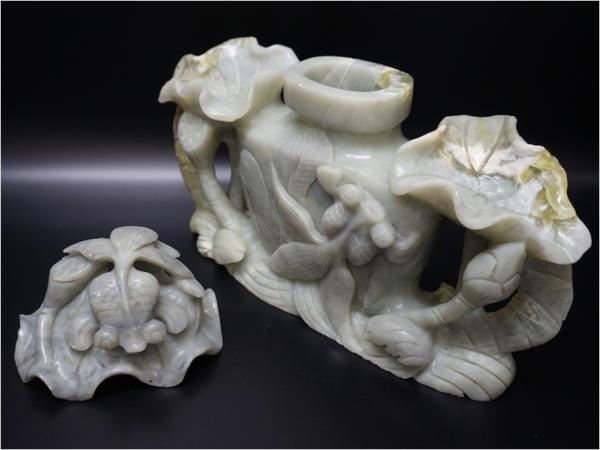 ☆NA☆中国美術 玉石翡翠 彫刻 蓮葉 金魚 香炉 / 唐物 東洋彫刻 中国