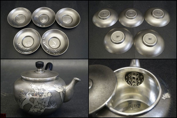 38-錫半造 本錫鎚痕煎茶器揃 急須 茶壷 茶托 共箱 【公式通販】