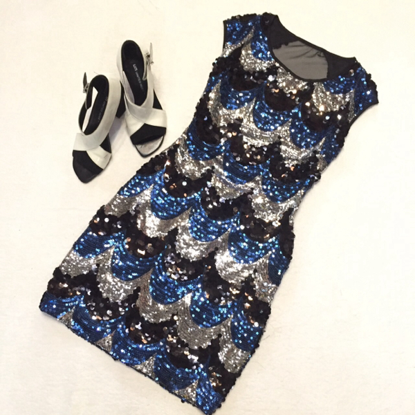 豪華スパンコール×シースルー ミニドレスワンピ S マヌーシュ