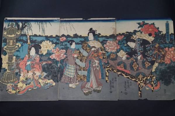 A39◇浮世絵　歌川豊国　「冨貴艸園遊覧」　3枚綴　美人画　錦絵