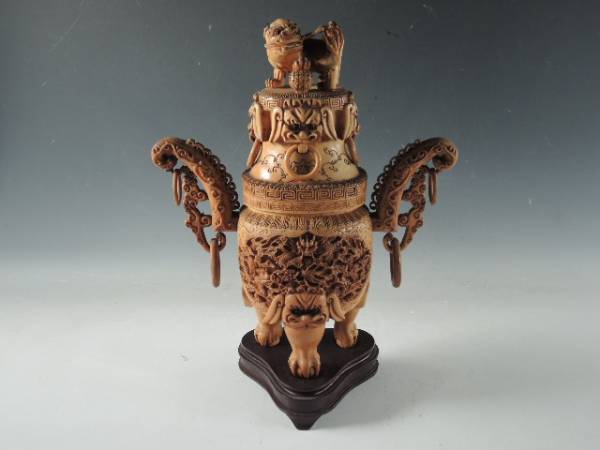 ◆栄◆時代 中国 獅子 細密彫刻 遊鐶 香炉 唐木台 71a15