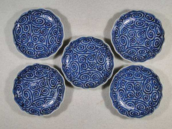 ◆一期一会◇染付　全面蛸唐草の絵豆皿　5枚揃◇