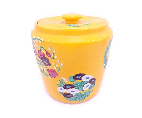 58896# 高野昭阿弥造 黄交趾釉草花紋水指