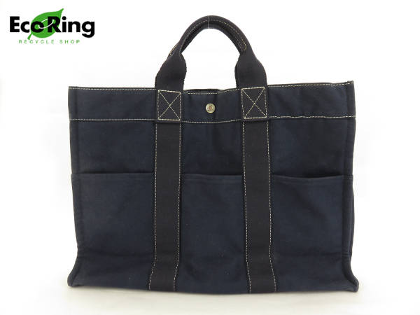 1円 エルメス ドーヴィルMM キャンバス トートバッグ 紺色 DM824