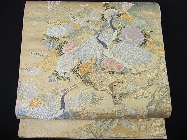 平和屋■六通柄袋帯　唐織　雲取り花鶴文　金銀糸　ｓ104