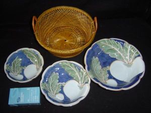 ★竹かご付三ツ組鉢★かぶ模様★新品★第一陶器㈱★_1