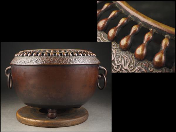 【夢工房】時代紫銅瓢箪透紋遊環耳三足火鉢　3.9ｋｇ　KZ39