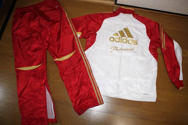美品アディダスプロフェッショナルウインド上下セットL赤白金