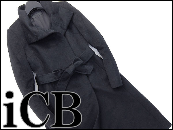 超美品 アイシービー 立襟カシミヤ混アンゴラコート9黒★J27968