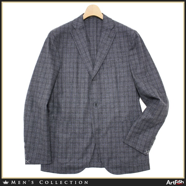 1円BOGLIOLI◆濃灰色×青格子フラノDOVERジャケットh825*s48新品