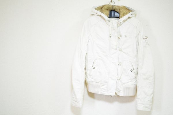 042C/アバクロ フード付き 裏ファー ダブルジップパーカーM白