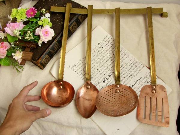 アンティーク フランス　銅　キッチン　道具　ラック付き