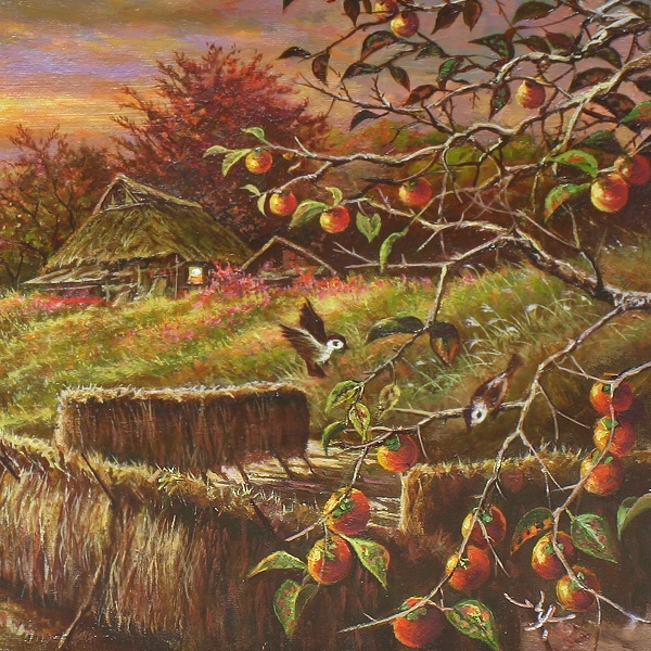 大友一美 黄昏の郷 秋 夕焼け 柿 古民家田舎風景 東北 写実 油絵(自然