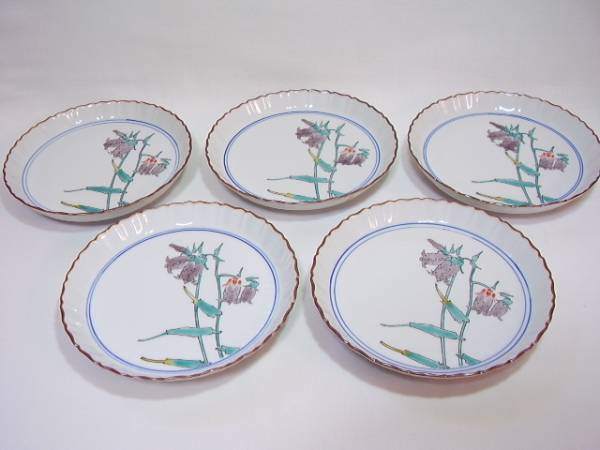 武腰潤 色絵 九谷焼 共箱 工芸品 色絵川蝉文盛器 大皿 陶芸家