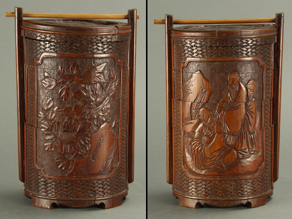 琴》古美術品 竹彫刻弁当箱 提籃 AR429 Jen 日本古美術古竹籐編茶箱