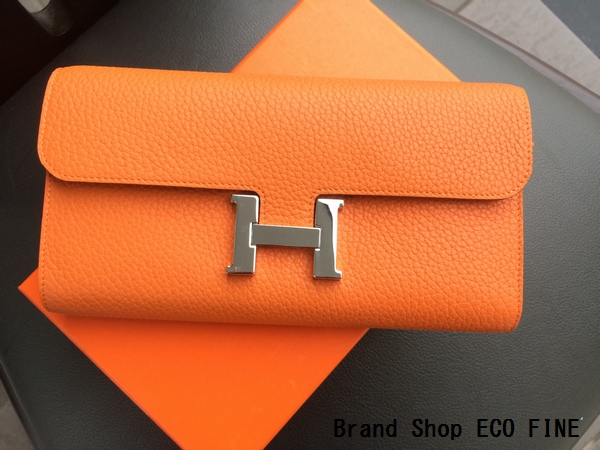 高品質入荷 H金具付き高級デザイン 二つ折り長財布 オレンジ