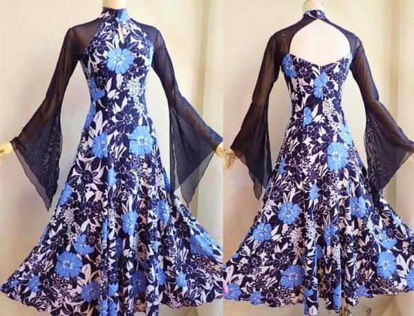 1円～超美品★ブルー系ボタニカル柄ワンピ/L・後ろステキ