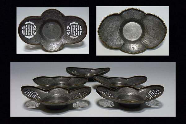 【夢たま】唐物！時代銅縁梅花鳥陰刻文錫茶托／中国煎茶・古玩☆