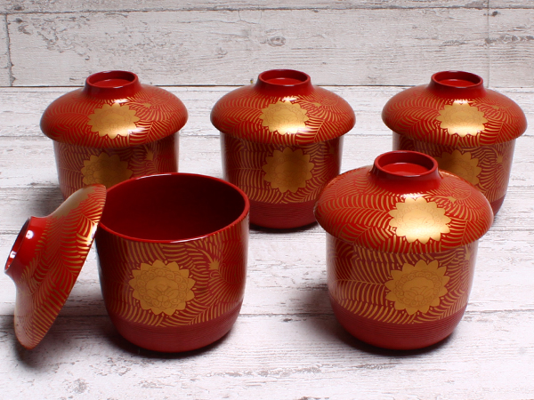 平安 象彦 朱塗 蒔絵 箸洗椀 吸物椀 5客 朱色 金彩