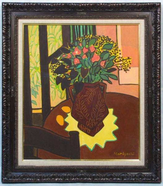 坂口紀良　「庭を望む」 額装１０号 充実期の室内風景、名品です