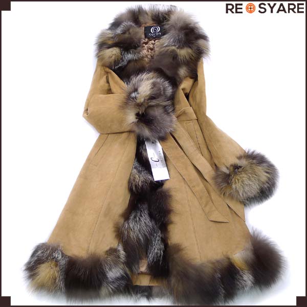 美品*Cocon japan*フォックス*スエード*本毛皮*裾ラウンド*セミロング 
