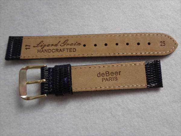 Debeerリザード型押し イタリアン カーフスキン 17mm 腕時計バンド レザーベルト ネイビー Navy(青) フラット バックル：ゴールド色