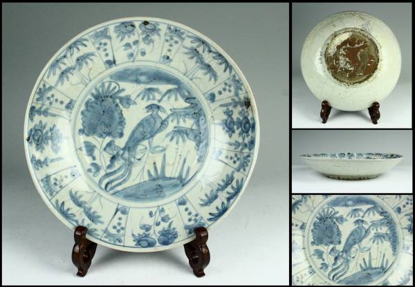染付 皿 花鳥図 骨董品 櫻】時代古玩 明代 呉須染付 花鳥図大皿 34cm 古美術品 .ga 時代年代物