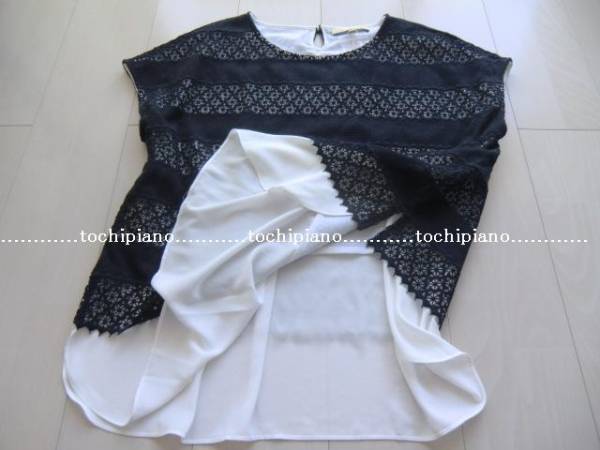 自由区大きいサイズ４６■エンブロイダリーレースコットンカットソー紺