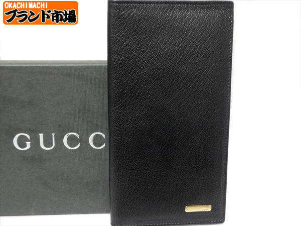 美品1円 グッチ GUCCI 二つ折り札入れ 長財布 黒 ブラック レザー ロゴプレート ウォレット 革 シンプル 保存箱