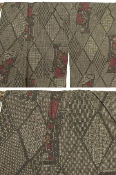 450giee 大島紬袷着物 絣 短冊 黒＆こげ茶色 中古Ａ【ことこと屋】