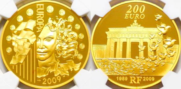 【ベルリンの壁崩壊20周年】エウロパ 大型金貨 フランス 200ユーロ PF69UC 最高鑑定 2枚のみ【歴史的瞬間】