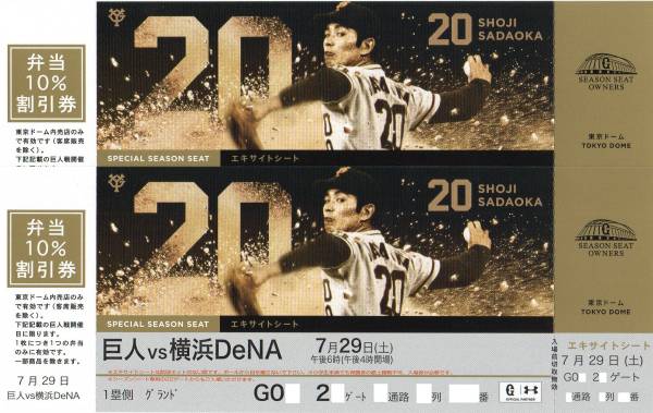 7/29◆巨人vs横浜DeNA◆１塁側エキサイトシート◆通路側ペア