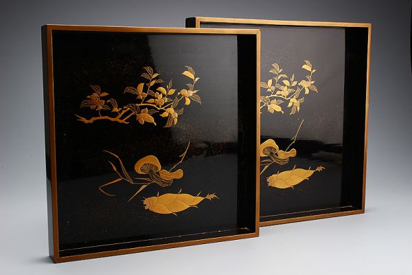 （航）輪島塗 初だし 筍 松茸 極上本金蒔絵 盆 重台 二枚 合箱