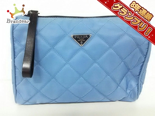 プラダ PRADA ポーチ ナイロン×レザー ライトブルー×黒 キルティング