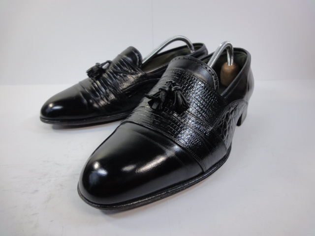 【ミラショーン】本物 milaschon 靴 25.5cm 黒 タッセルローファー スリッポン ビジネスシューズ クロコダイル リザード コンビ 型押し