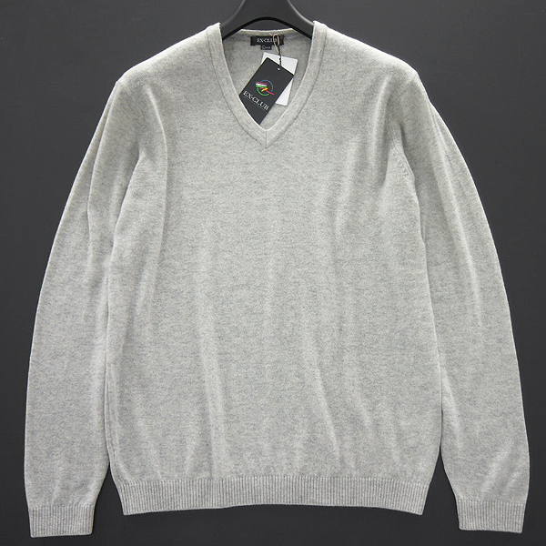 新品 定価3.1万! EX-CLUB イーエクスクラブ 【繊維の宝石】カシミヤ100% VネックニットLL薄灰★I14204