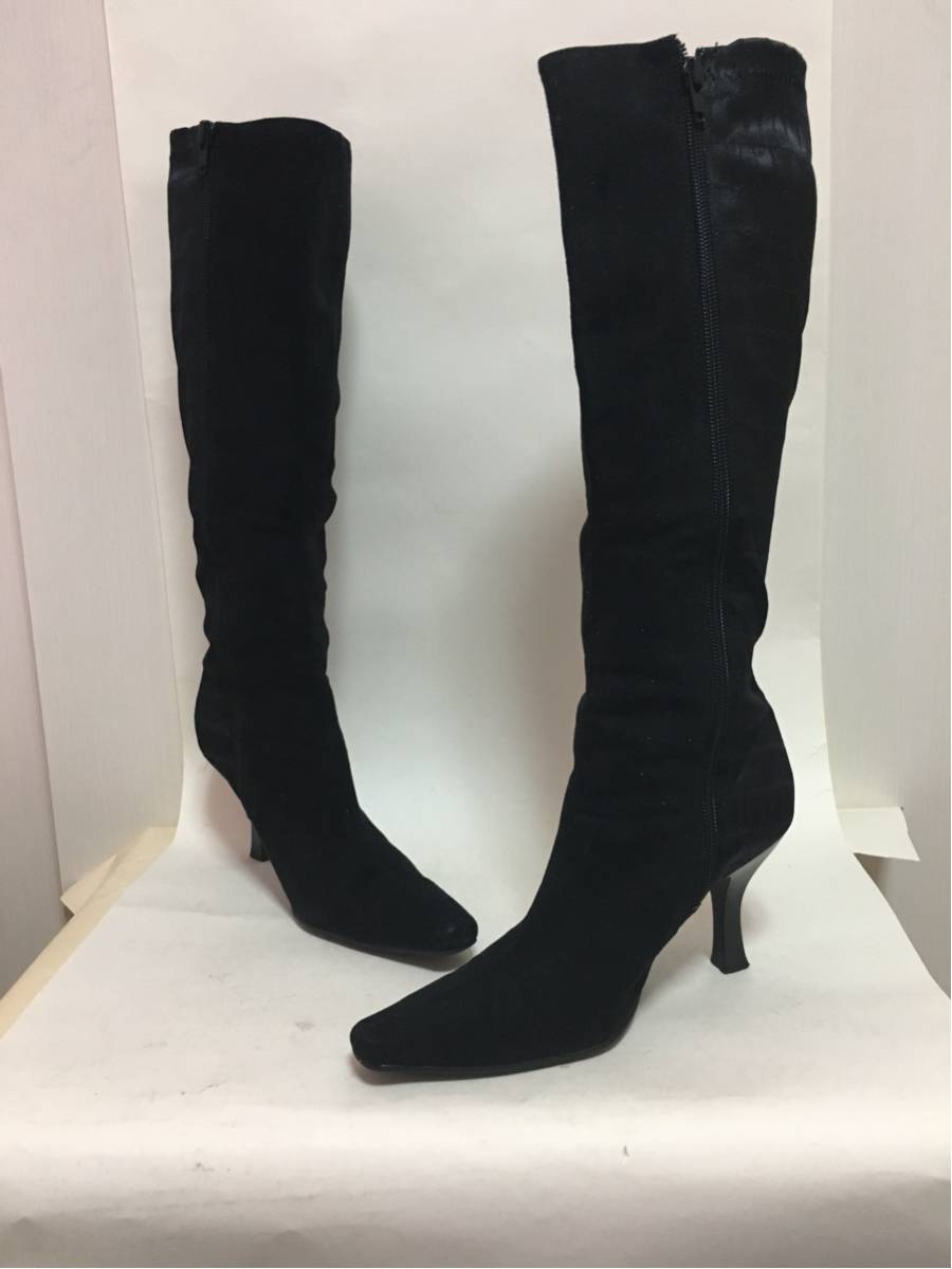 P710078◆美品◆ スタイルアンドコ 本革スエード×キャンバス 黒 ジップアップ ロングブーツ 23cm