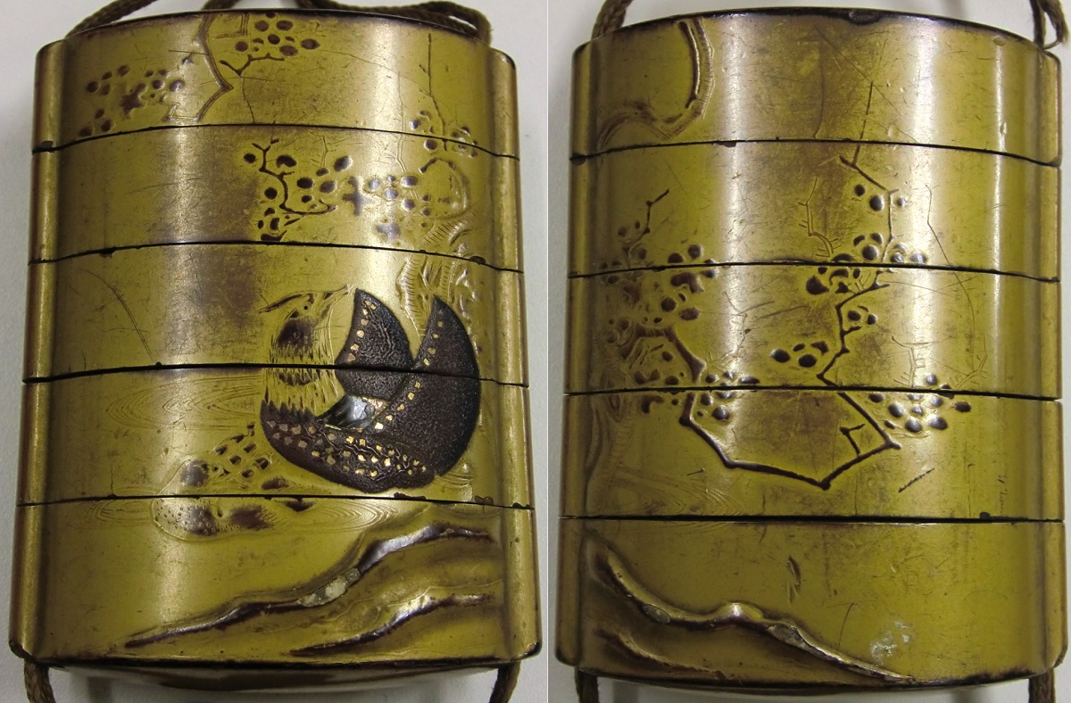 漆器 根付 8.5×6.5× 江時代 金蒔絵丸干支図五段印籠