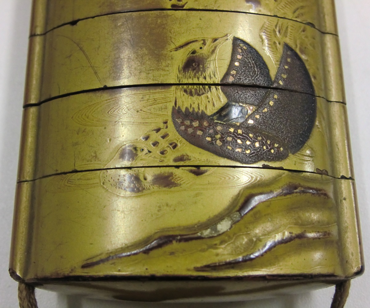 漆器 根付 8.5×6.5× 江時代 金蒔絵丸干支図五段印籠