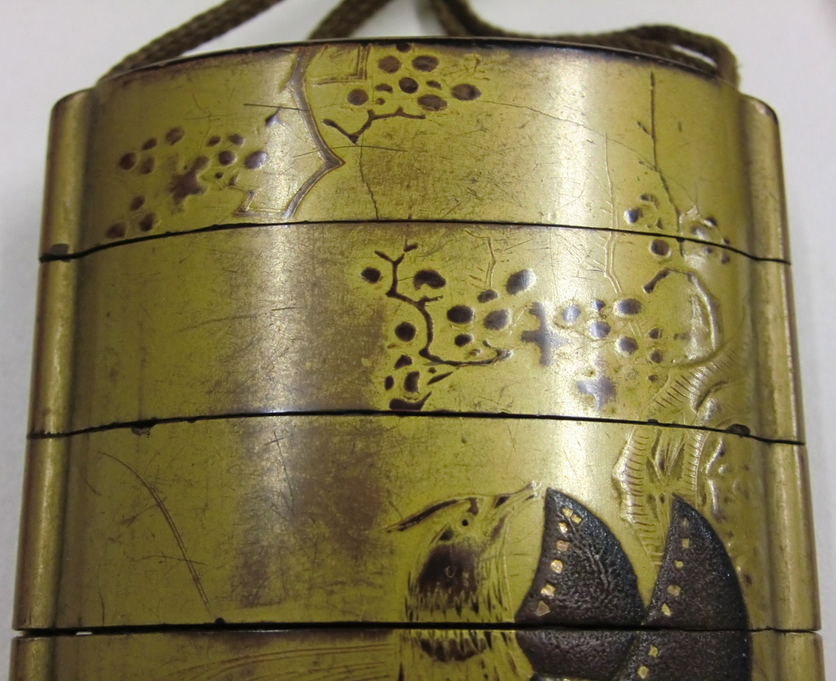 漆器 根付 8.5×6.5× 江時代 金蒔絵丸干支図五段印籠