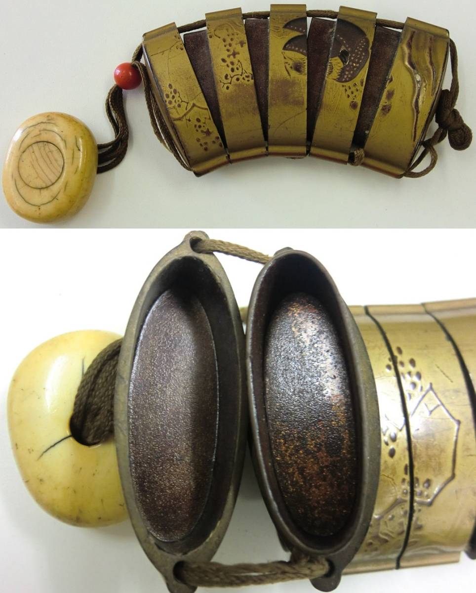 漆器 根付 8.5×6.5× 江時代 金蒔絵丸干支図五段印籠