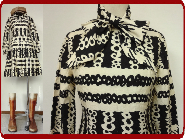 古着♪レトロ・Vintage黒白サイケ柄モッズワンピ♪70s60s80sフレンチモダン昭和オーダー品ヴィンテージ衣装個性的モノトーン