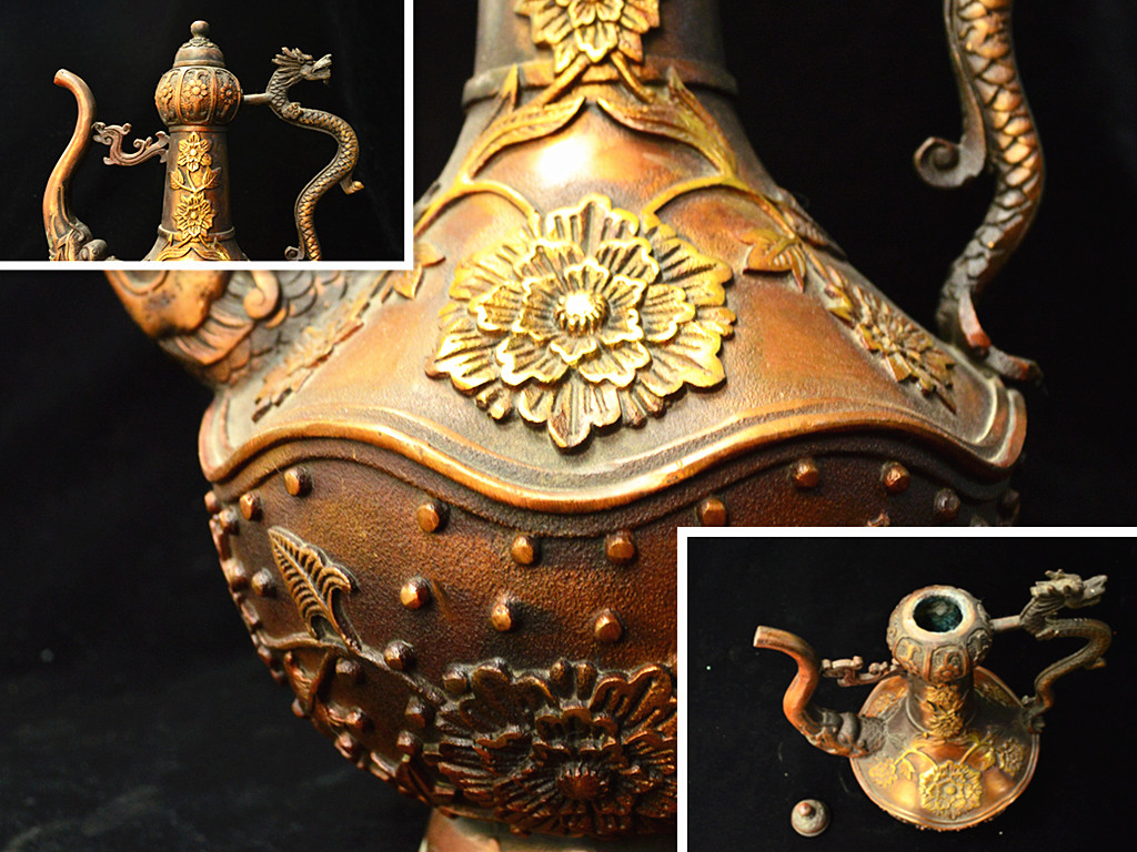 年代物 銅製 花卉紋 龍柄 酒壺 茶壺 稀少唐物