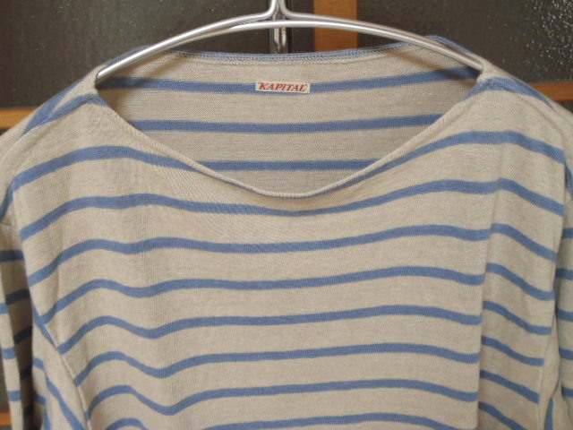 KAPITAL/キャピタル ■ ヘンプ地ボーダーカットソー ■ グレーx水色 ■ Size 3/L