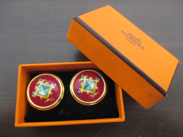 3317 ★エルメス エマイユ 七宝焼き ラウンド イヤリング レッド×ゴールド色